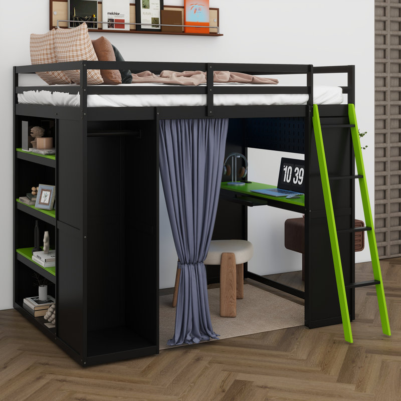 Full Size Wood Loft Bed With Desk, All-In-One Loft Bed With Wardrobe, Shelves, Blackout Curtains And RGB Lights, Black/Green