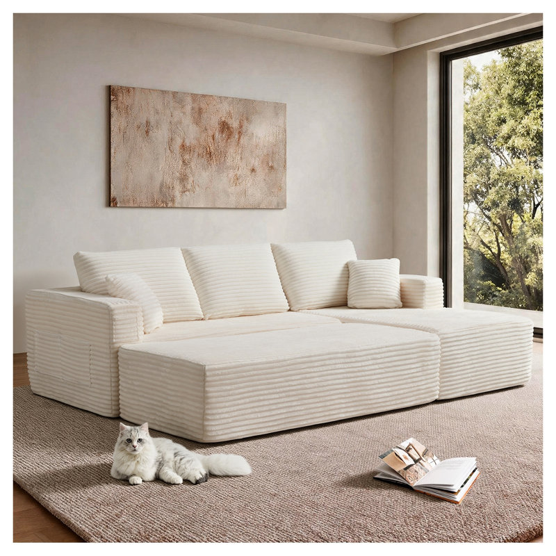 Canapé d'angle modulaire beige de 255 cm avec méridienne longue, assise profonde à ressorts ensachés, aucun assemblage requis, emballage compressé pour le salon