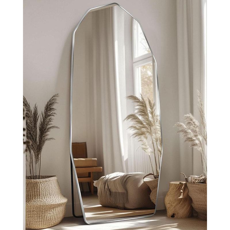 Miroir pleine longueur 71 po x 32 po en forme de losange, cadre en aluminium argenté, miroir de plancher mural ou incliné pour chambre à coucher, salon ou salle de bain