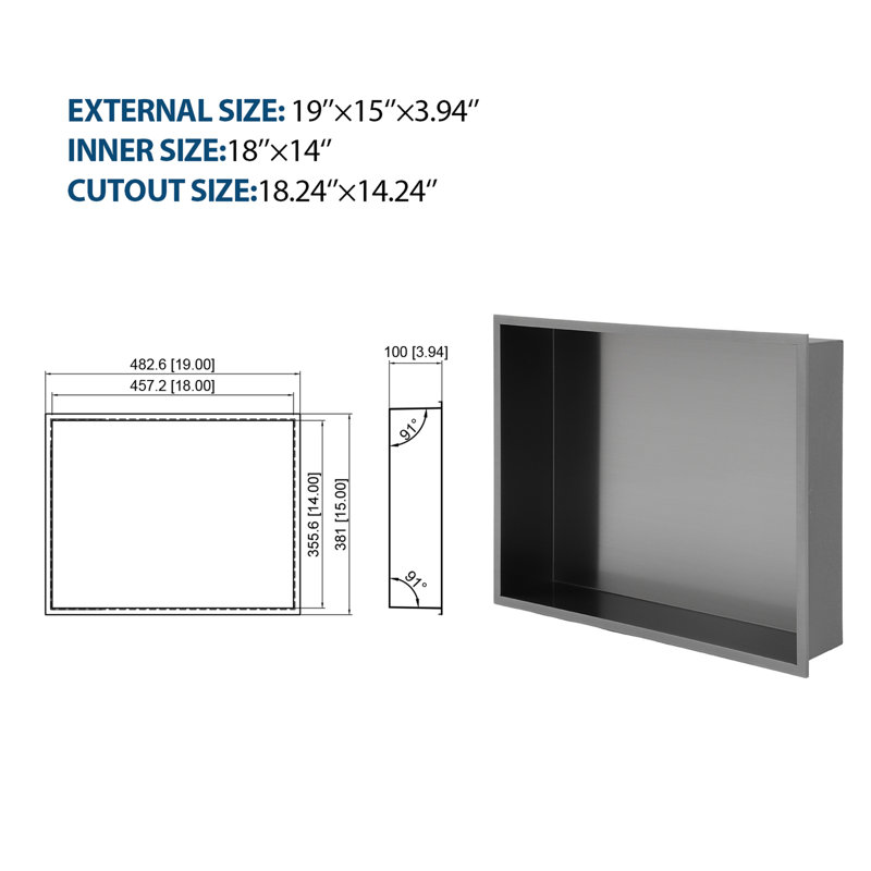 19" X 15" Stainless Steel Shower Niche, Gunmetal Black