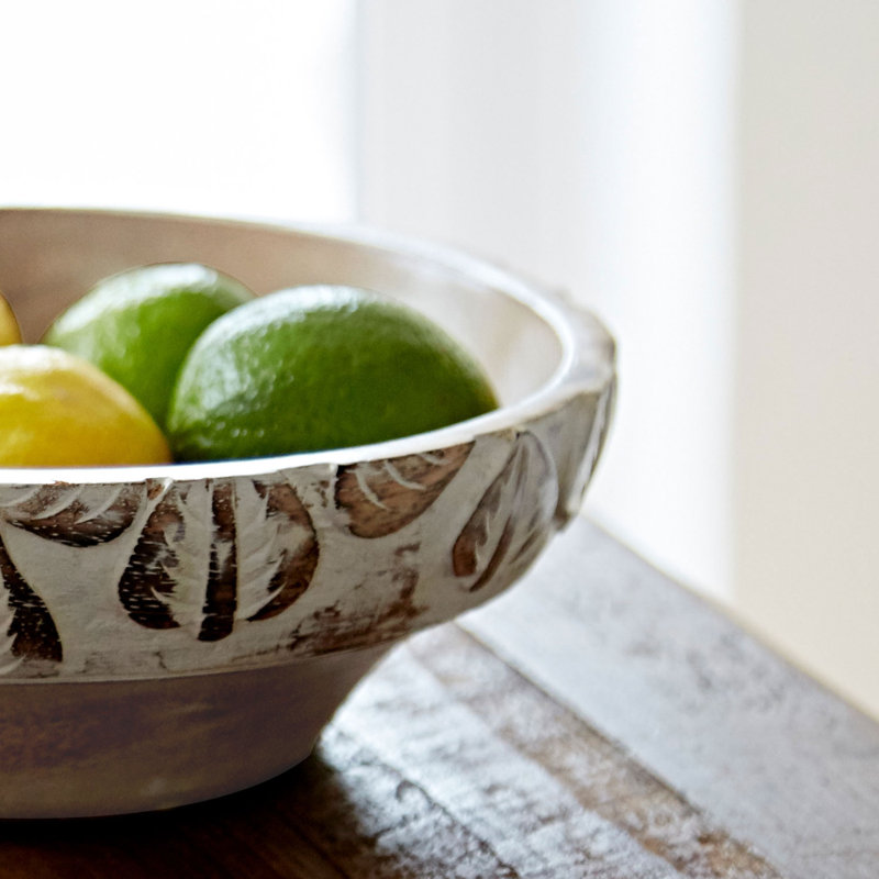 Antique White Leaf Design Mango Wood Bowl