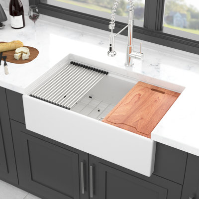 30X20 Inch White Ceramic Kitchen Sink Workstation - Single Bowl. And Stylish. To Discoloration. Spacious Practical. With Accessories For Kitchen. . Discoloration . Design. Comes With Useful