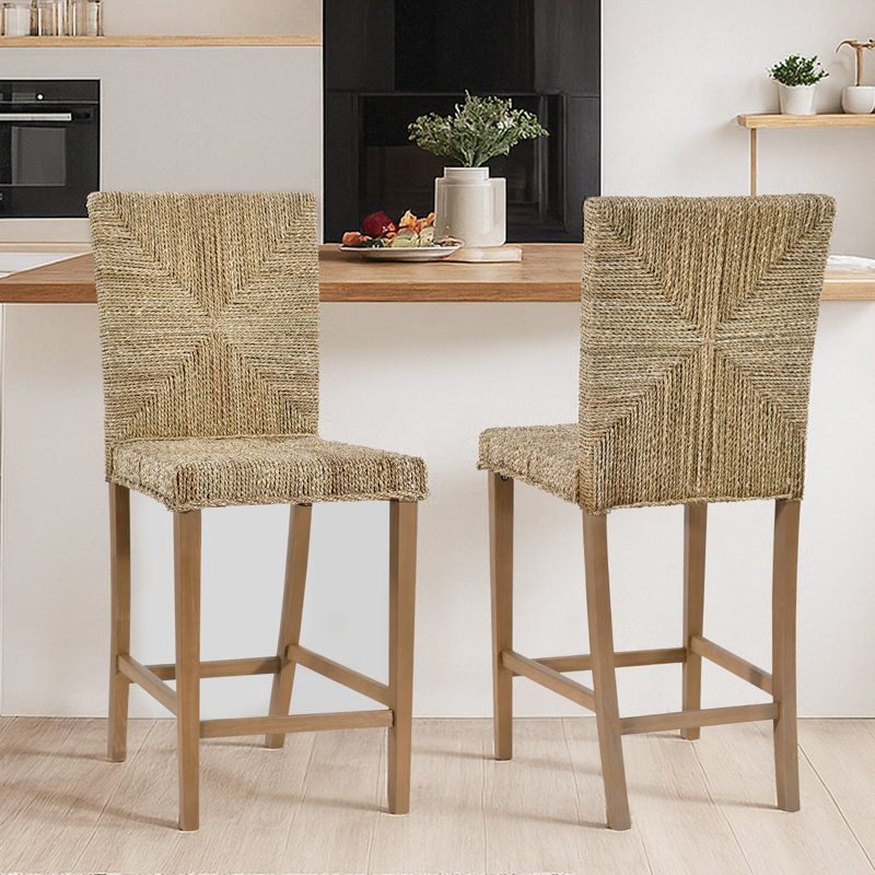 Solid Wood Natural Finish Bar Stool With Handwoven Rope