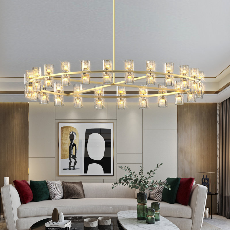 Wagon Wheel Chandelier with Crystal Shade, Gold, 103.1" H x 48" W x 48" D, 48 Lights