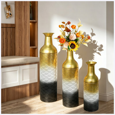 Ensemble de 3 vases de sol décoratifs en métal avec motif de feuilles, grands vases blancs, dorés et noirs pour la décoration de salon et de vestibule