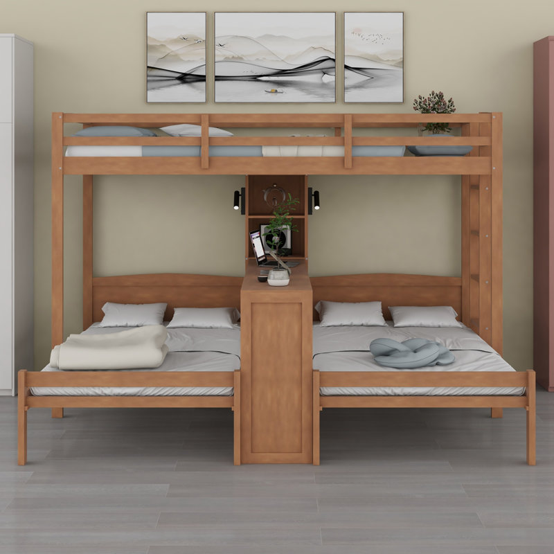 Lit superposé avec bureau intégré, tablettes de rangement, Naturel