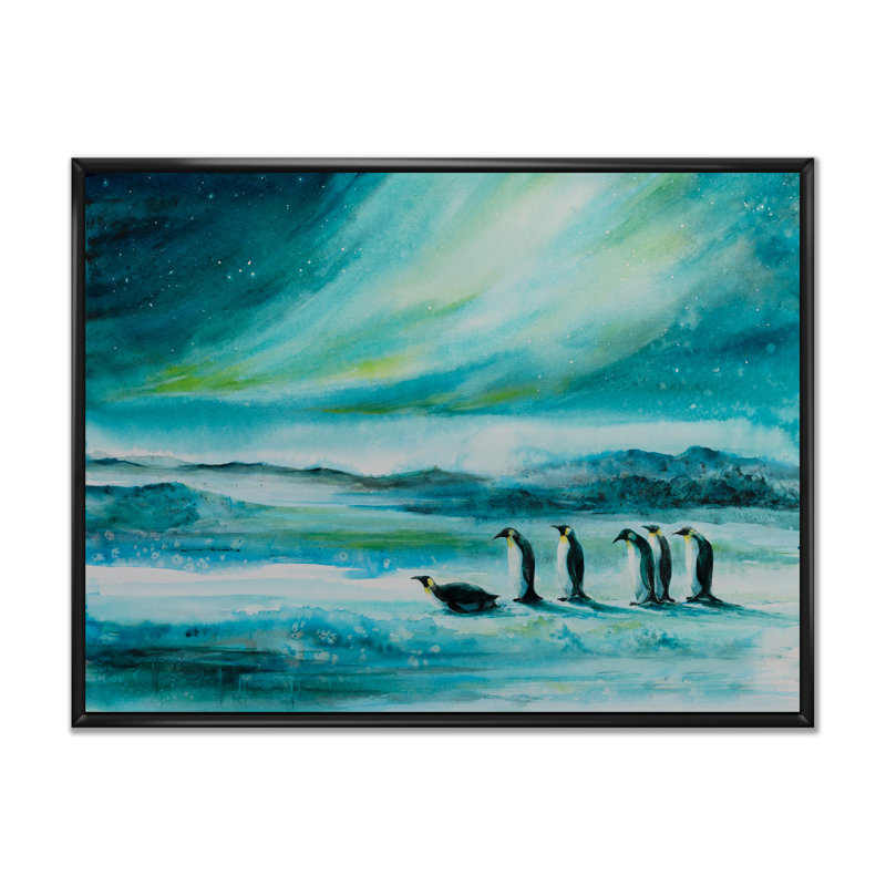«Penguins Ice Landscape», impression sur toile encadrée, H 16 po x l 32 po x P 1,5 po, Cadre flottant noir