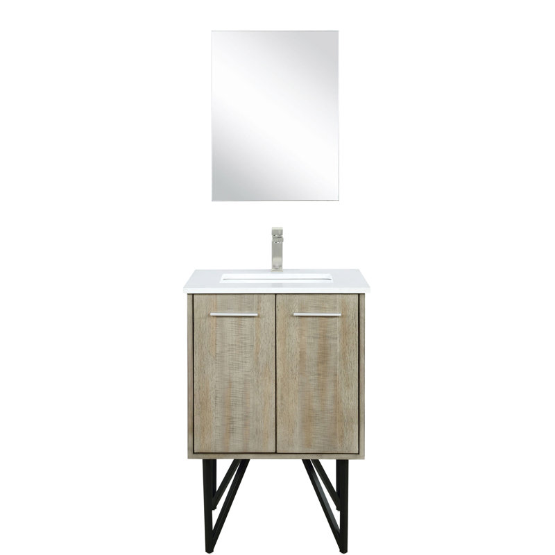 Meuble-lavabo rustique 24 po X P 20 po avec comptoir en quartz blanc, robinet en nickel brossé et miroir de salle de bain en forme de coccinelle 18 po, assemblage vertical