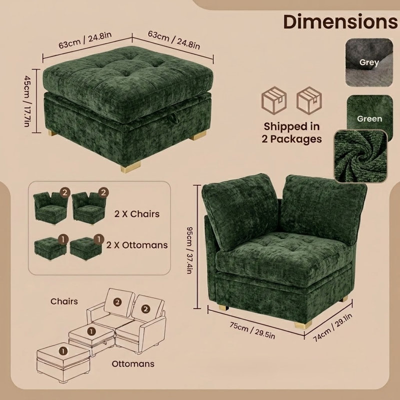 Canapé-lit modulaire modulaire avec siège de rangement, canapé modulaire en chenille de luxe avec pieds dorés et détails