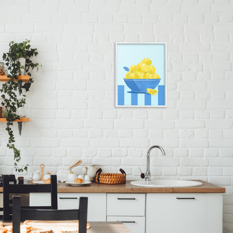 Giclée encadrée rayée jaune citron, design par Lucca Sheppard, 14 X 11, Encadrement giclée blanc côtier