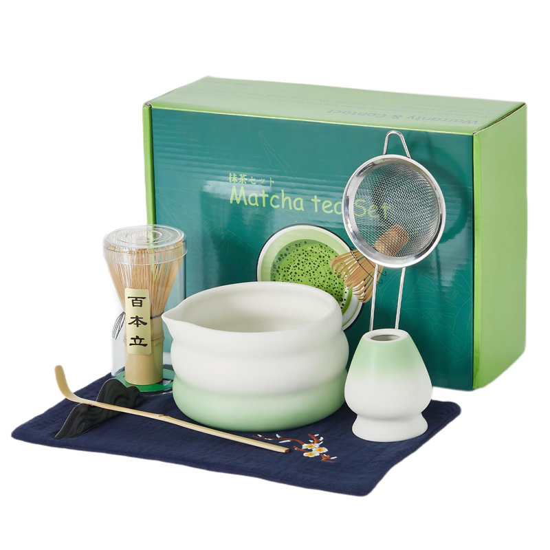 Ensemble 7 pièces de matcha, ensemble de matcha vert dégradé avec bol en céramique, fouet en bambou et porte-fouet, pelle et repose-pelle en bambou, tamis et serviette à thé en acier inoxydable, cadeaux pour les amateurs de thé
