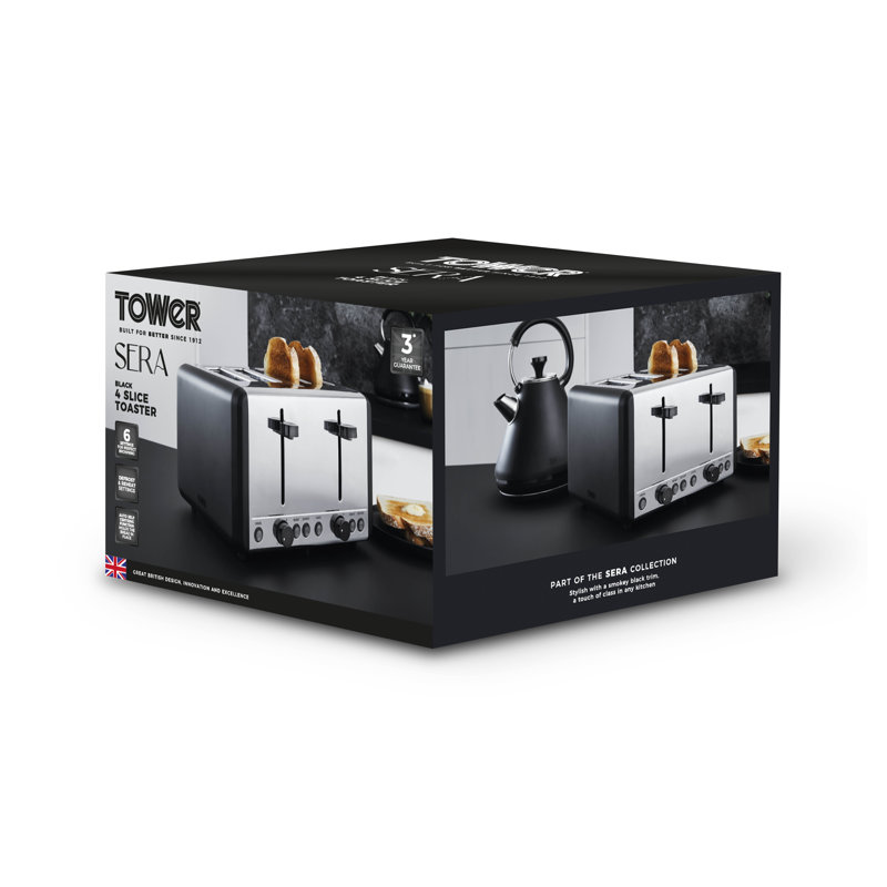 Tower Sera 4 Slice Toaster with 6 Browning and Defrost/Reheat/Cancel Functions, 1800W, Black