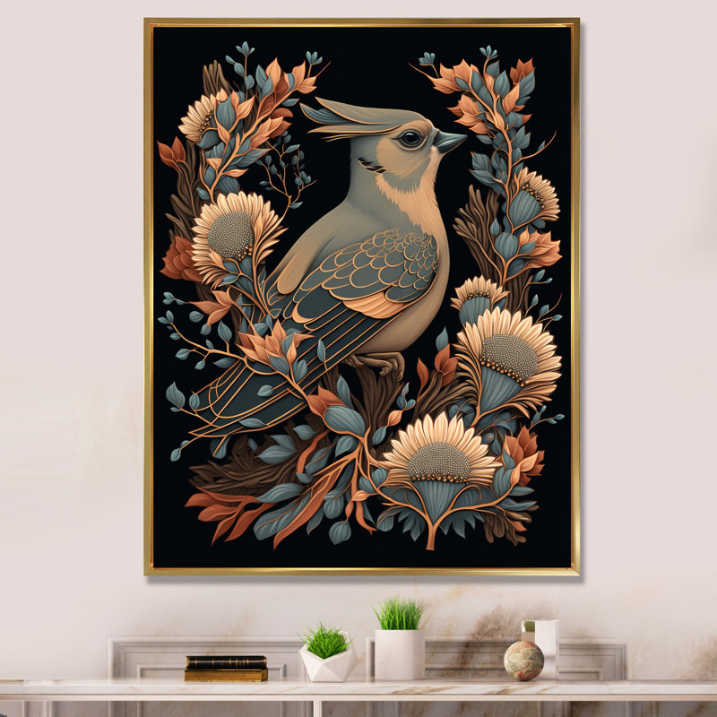 «Cardinal Bird In Faded Retro Tones I», reproduction sur toile, H 40 po x l 30 po x P 1,5 po, Cadre flottant doré