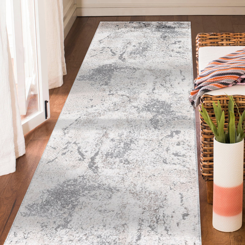 Abstract Machine Woven Polyester Area Rug in Cream, Runner 2'6" x 8'