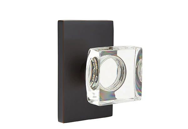 Ensemble de mortaise intérieure Emtek Passage avec rosette rectangulaire moderne et bouton carré en verre moderne (droite)