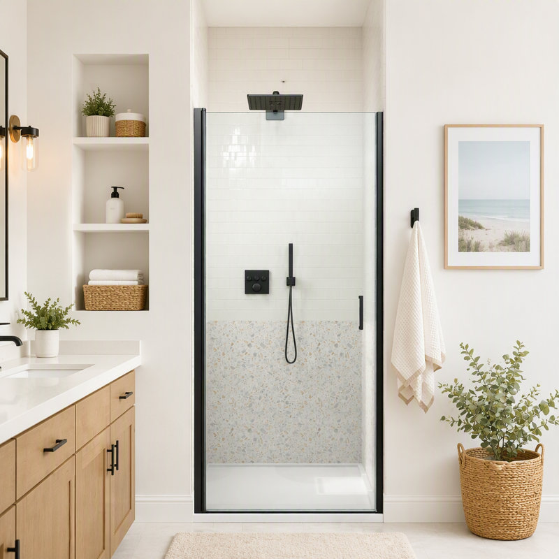 Porte de douche pivotante semi-sans cadre avec verre trempé de 1/2 po (6 mm)
