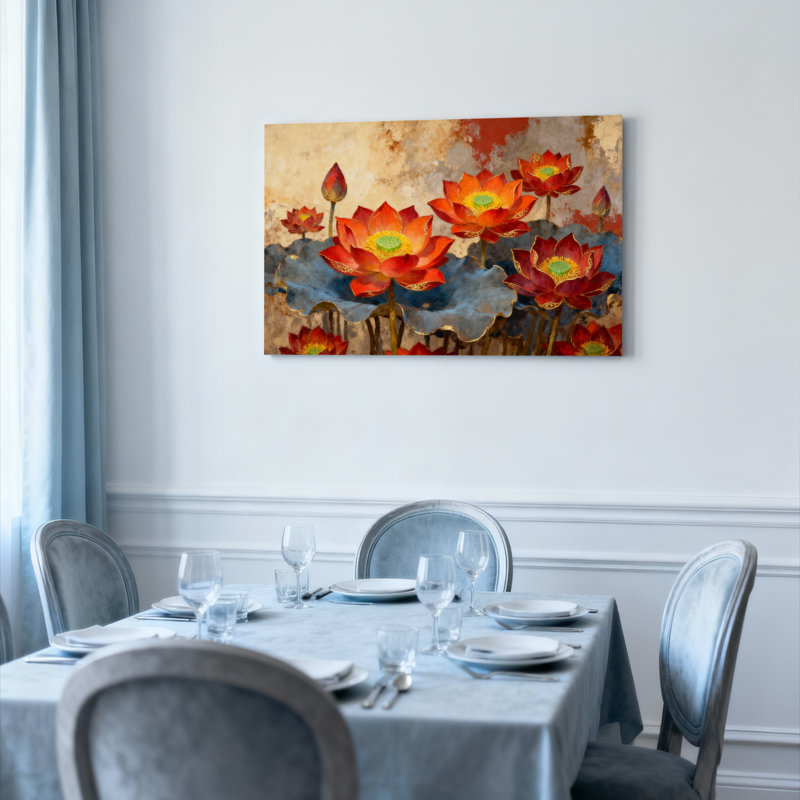 Ensemble de 1 tableau abstrait de fleurs de lotus sur toile tendue, H 20 po x l 30 po