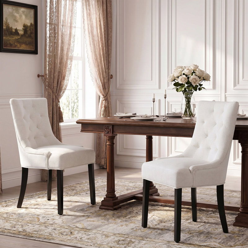 Modern Tufted Linen Upholstered Dining Chairs(Set of 2), Beige