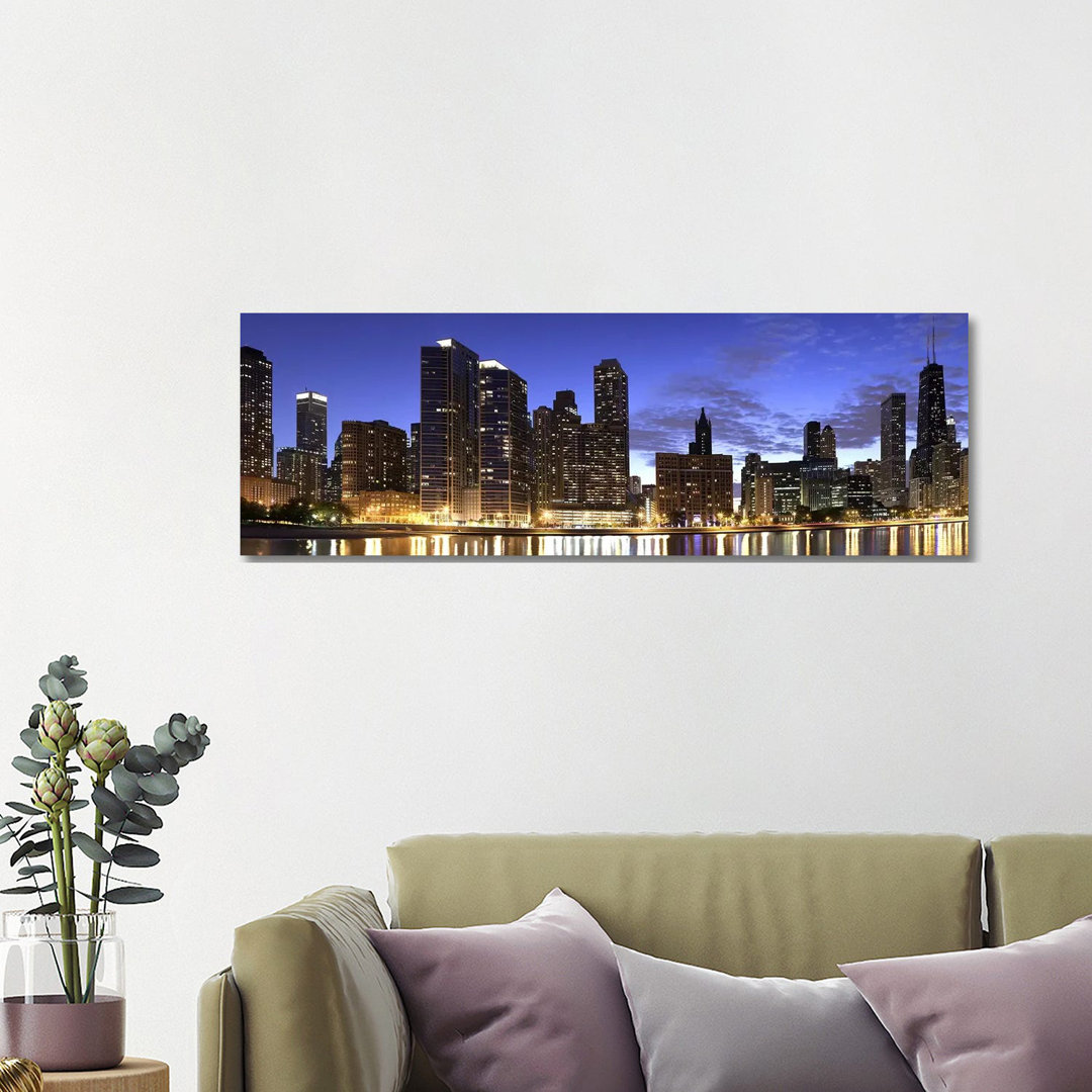 Night Skyline, Lake Michigan, Chicago, Cook County, Illinois, USA 2010 - Wrapped Canvas Panoramic Print