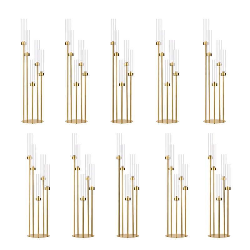 10Pcs Gold Floor Candelabra,5 Arm Candle Holder Tall Floor Candle Holder With Acrylic Lampshade For Wedding Table Birthday Party Halloween Christmas Decoration Fit Led Taper Candles