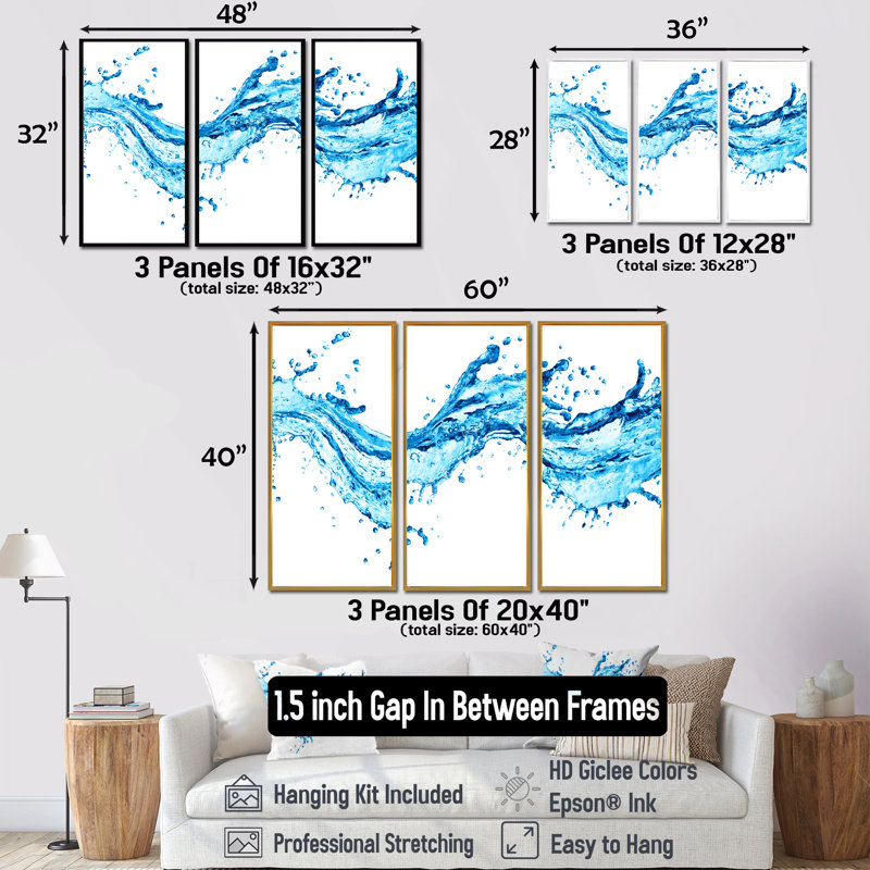 «Blue Water Splash», peinture sur toile flottante 3 pièces, H 40 po x l 60 po, Brun