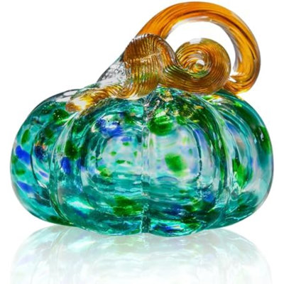 3" Large Blown Glass Pumpkin Figurine Collectible Thanksgiving Fall Harvest Pumpkin Crystal Glass Paperweight Decorations For Home(Green)