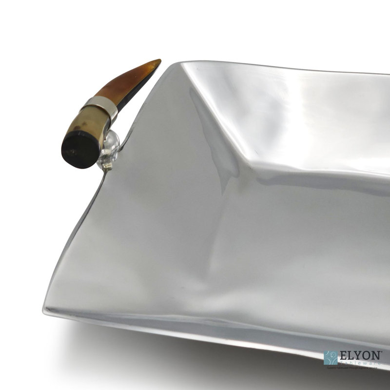 Savanna Elegance 13" Handmade Square Serving Tray Platter Horn Handles