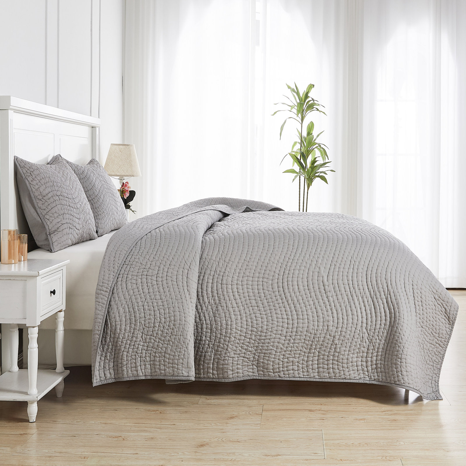 Voile Cotton Quilt Set, Twin Quilt + 1 Standard Sham, Silver