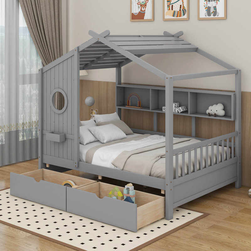Lit en bois avec tiroirs, Lit double, Gris