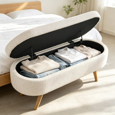 Banc de rangement ovale avec repose-pieds en bois d'hévéa