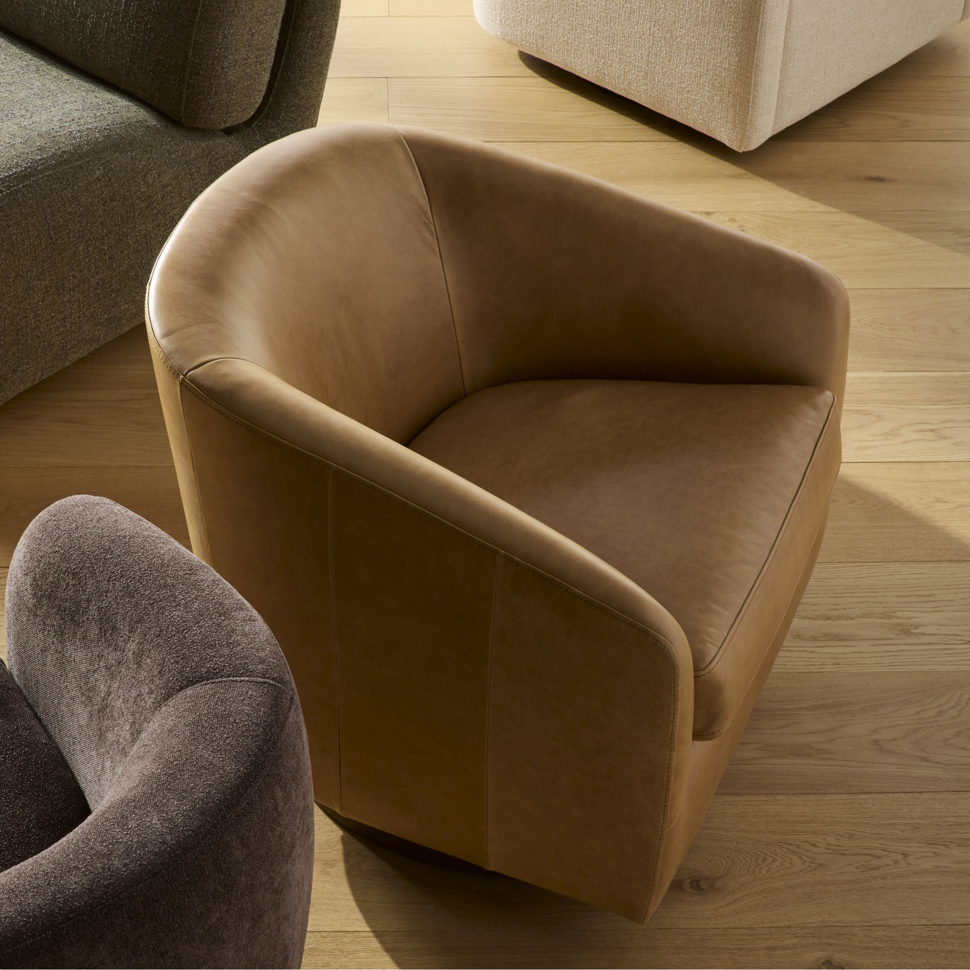 Bennett Genuine Leather Swivel Barrel Chair, Marseille Brown Genuine Leather