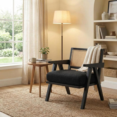 Mid-Century Modern Accent Chair with Rattan Details, Fabric Upholstered Lounge Armchair, Wood Frame & Soft Cushion for Living Room, Bedroom, Balcony