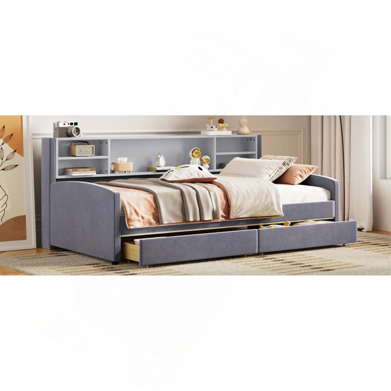Lit plateforme simple tapissier avec rangement et tiroirs, Gris