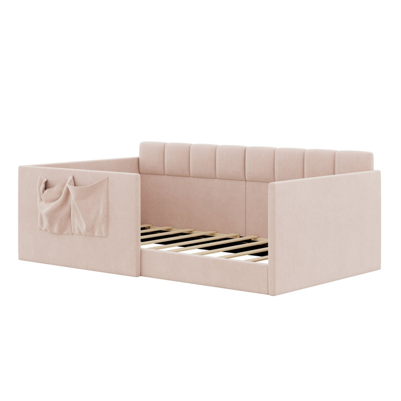 Daybed with Velvet Upholstery, High Side Panels, Side Access and Storage Pockets, Twin, Pink