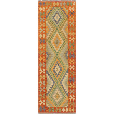 Tapis de couloir géométrique en laine tissé à la main 2 pi 1 po x 6 pi 4 po bleu clair / orange / vert Cedorah