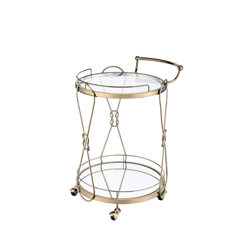 Round Champagne Serving Cart With 2 Compartments For Storage, Clear Tempered Glass Shelf, 5Mm Mirrored Base, Metal Open Frame And Handle, Caster Wheels Graceful Cart