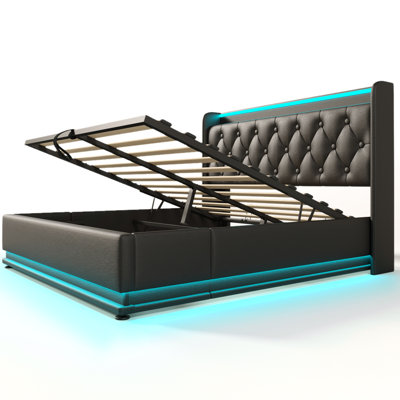 360 Degree Led Queen Size Upholstered Bed, Hydraulic Storage, Type-c, Black Pu Ravish Storage Bed With Surround Led, ,