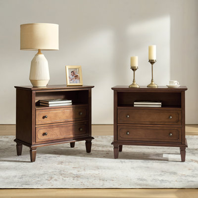 Amberlyn 28.2''W Traditional 2-Drawer Nightstand with Charging Station and Solid Wood Legs and Open Shelf
