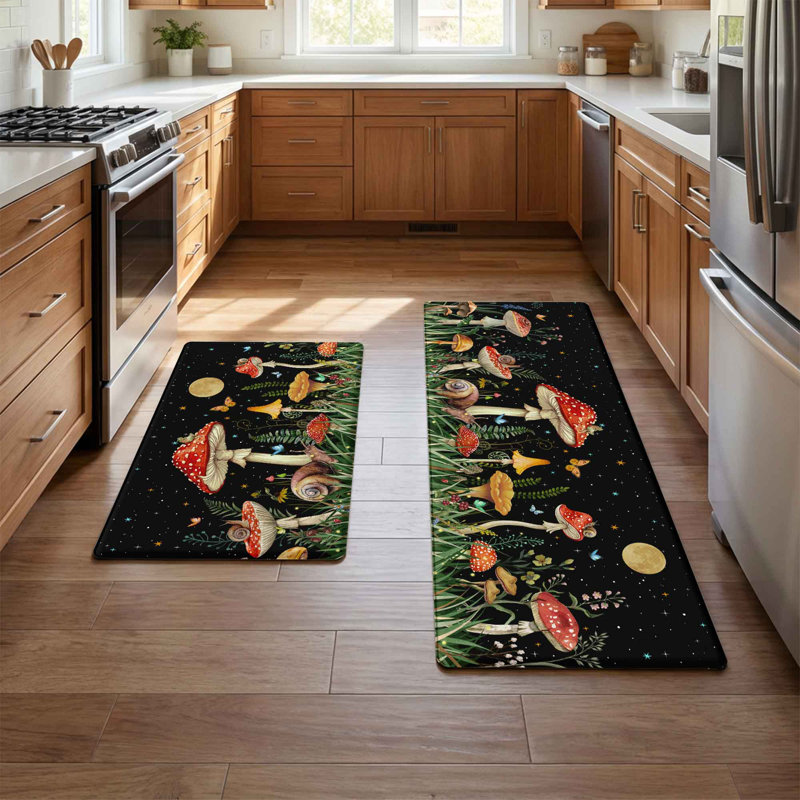 Anti-fatigue Kitchen Mats Set Of 2, Cushioned Waterproof Non-slip, Red Mushroom Kitchen Rugs Black, Black/Red