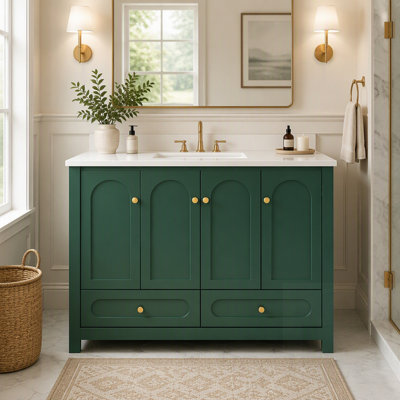 Meuble-lavabo de salle de bain avec lavabo en résine, armoire de rangement abondante - 4 portes à fermeture douce et 2 tiroirs