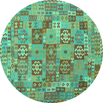 Tapis rond bleu / brun / vert en laine et polyester tissé à la machine 8 pi Abstract