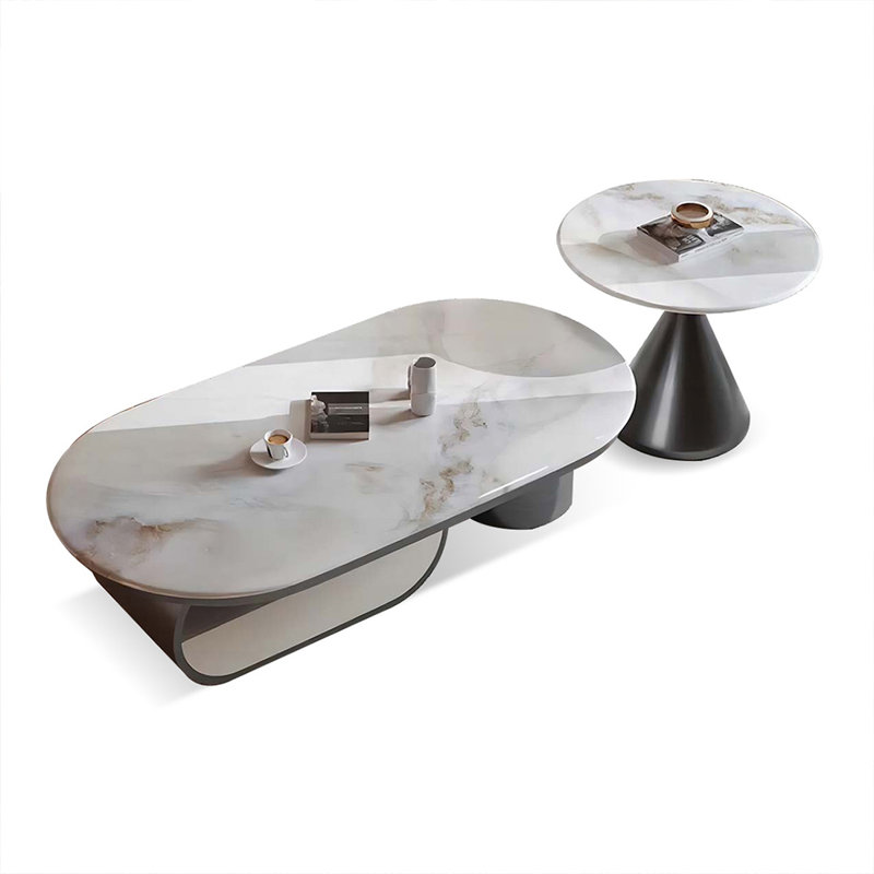 Table basse ovale en bois manufacturé blanc et acier inoxydable, H 16,54 po x L 55,12 po x l 31,5 po, Blanc antique