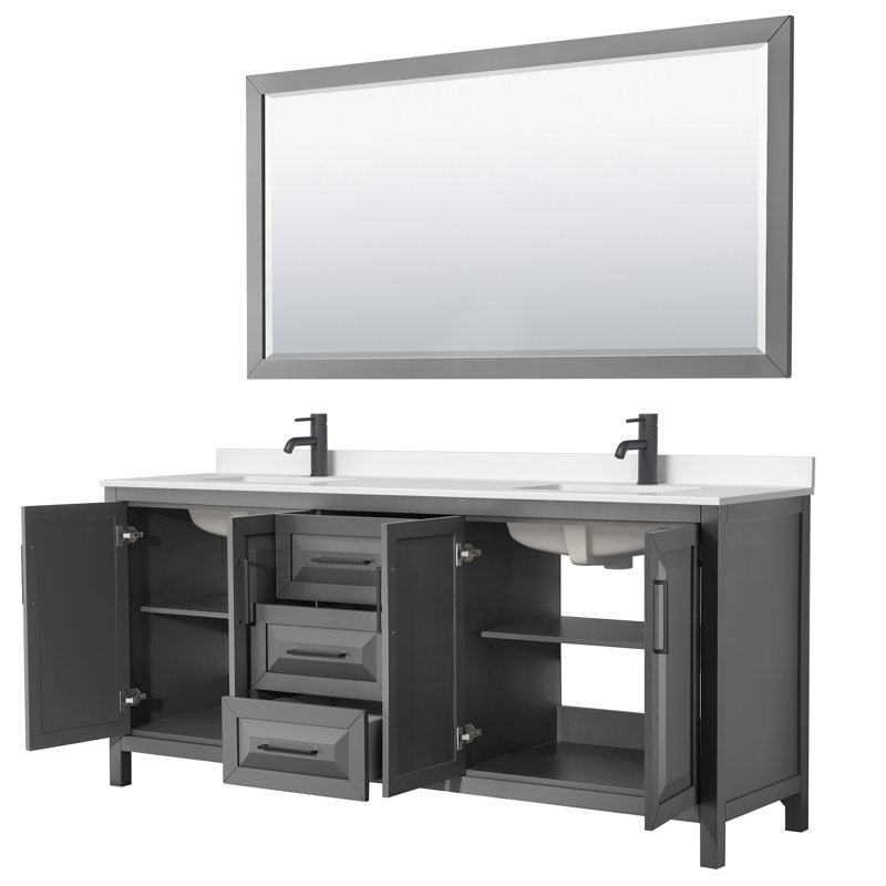 Ensemble de meuble-lavabo double 80 po avec dessus en quartz et miroir Daria, Noir mat, Gris, Quartz Giotto