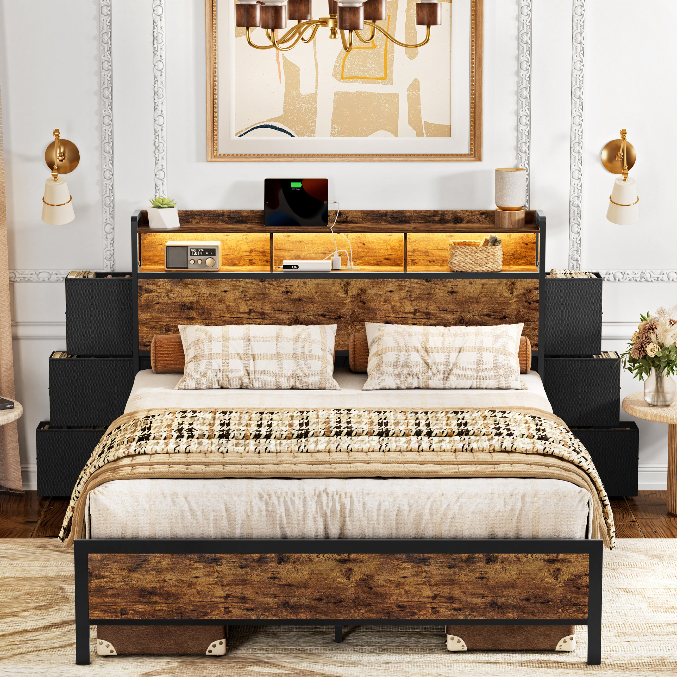 Queen size headboard with deals storage and lights