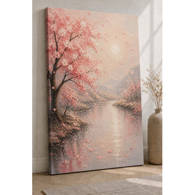 Large Cherry Blossom River Canvas Wall Art Spring Decor for Bedroom Living Room Romantic Pink Nature Artwork 24x36 Inch Canvas Print - Ready to hang