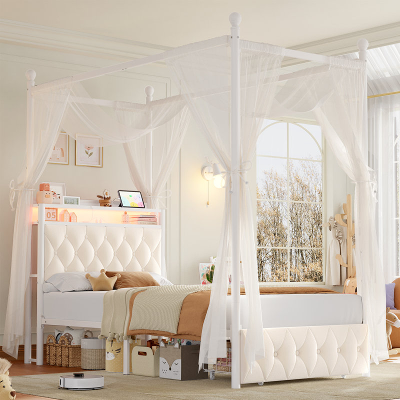 Metal Canopy Storage Bed with LED and USB Charging, Twin, White