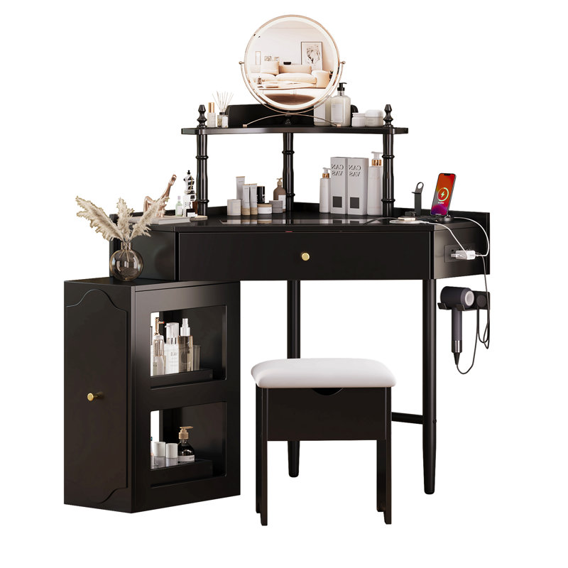 Ensemble de coiffeuse de coin noir avec station de charge, tabouret de rangement et plateau en verre, Noir