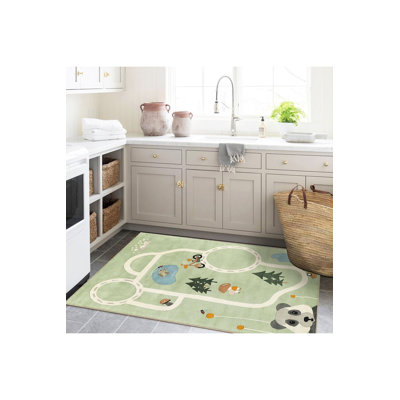 Green Toned Panda and Bicycle Path Patterned Woven Base Modern Decorative Washable Rug