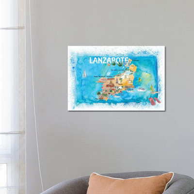 Lanzarote Canarias Spain Illustrated Map With Landmarks And Highlights by Markus & Martina Bleichner - Wrapped Canvas Print