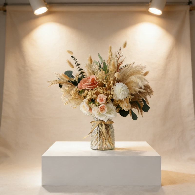 Centre de table floral de qualité supérieure pré-organisé avec vase - herbe de pampa artificielle, roses en soie et plantes séchées pour décor de maison, de bureau, de maison de campagne, de bohème ou de bureau moderne